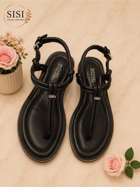 MICHAEL Michael Kors Black Leather T‑Bar Knot Sandals